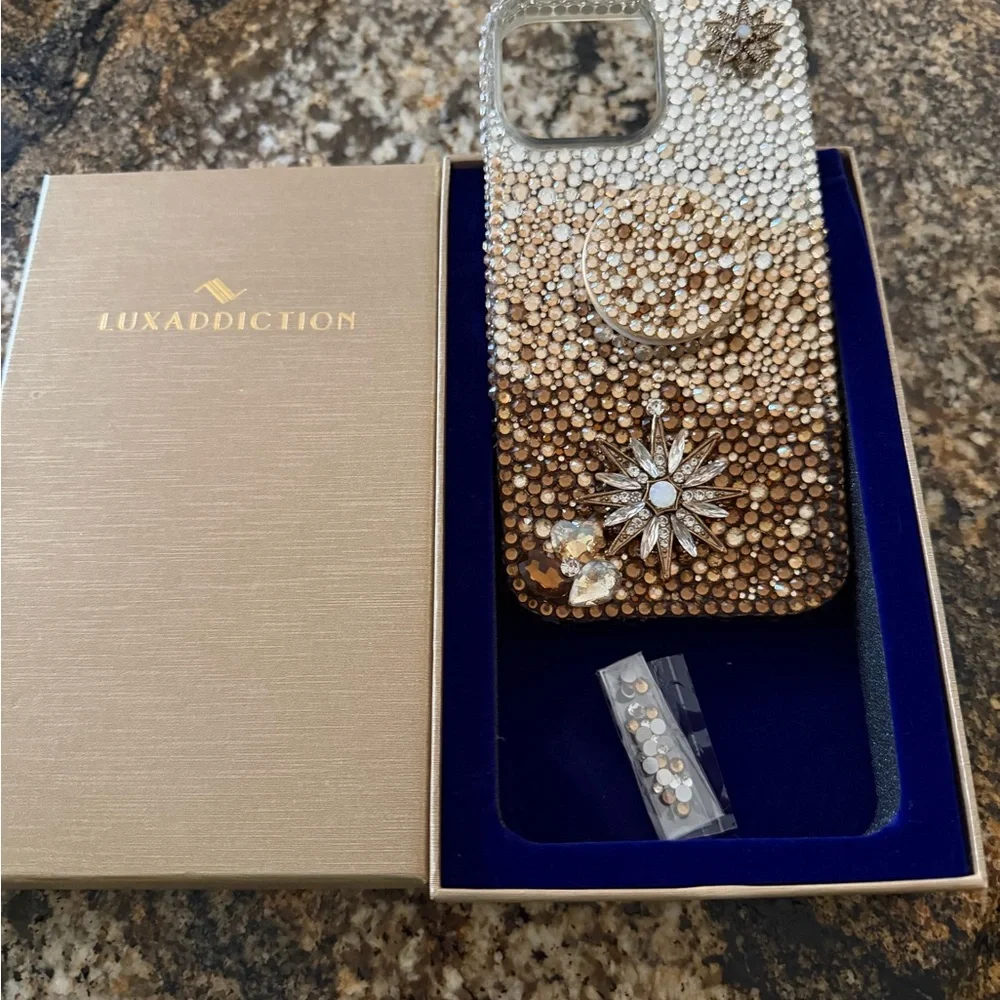 Embellished Crystal Phone Case with Ring Holder - Gold
